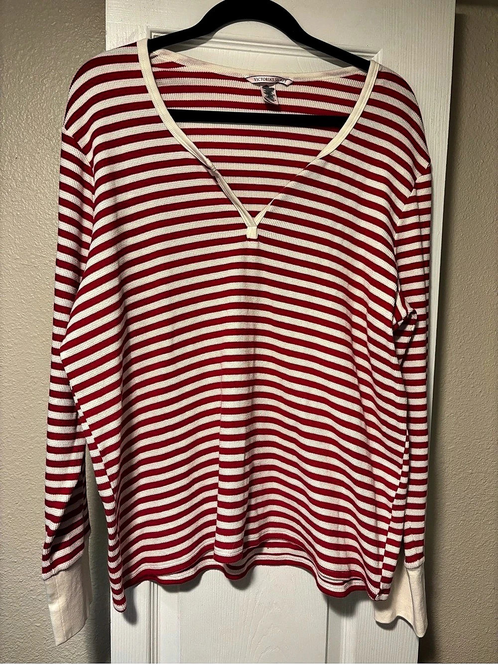 Victoria's Secret Soft Thermal Henley Pajama Top Red & White XXL